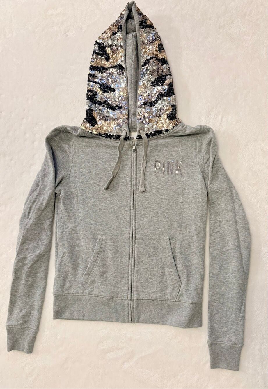 PINK Victoria’s Secret Gray Sequin Zebra Hood Zip-Up Hoodie XS - Y2K - Picture 2 of 10